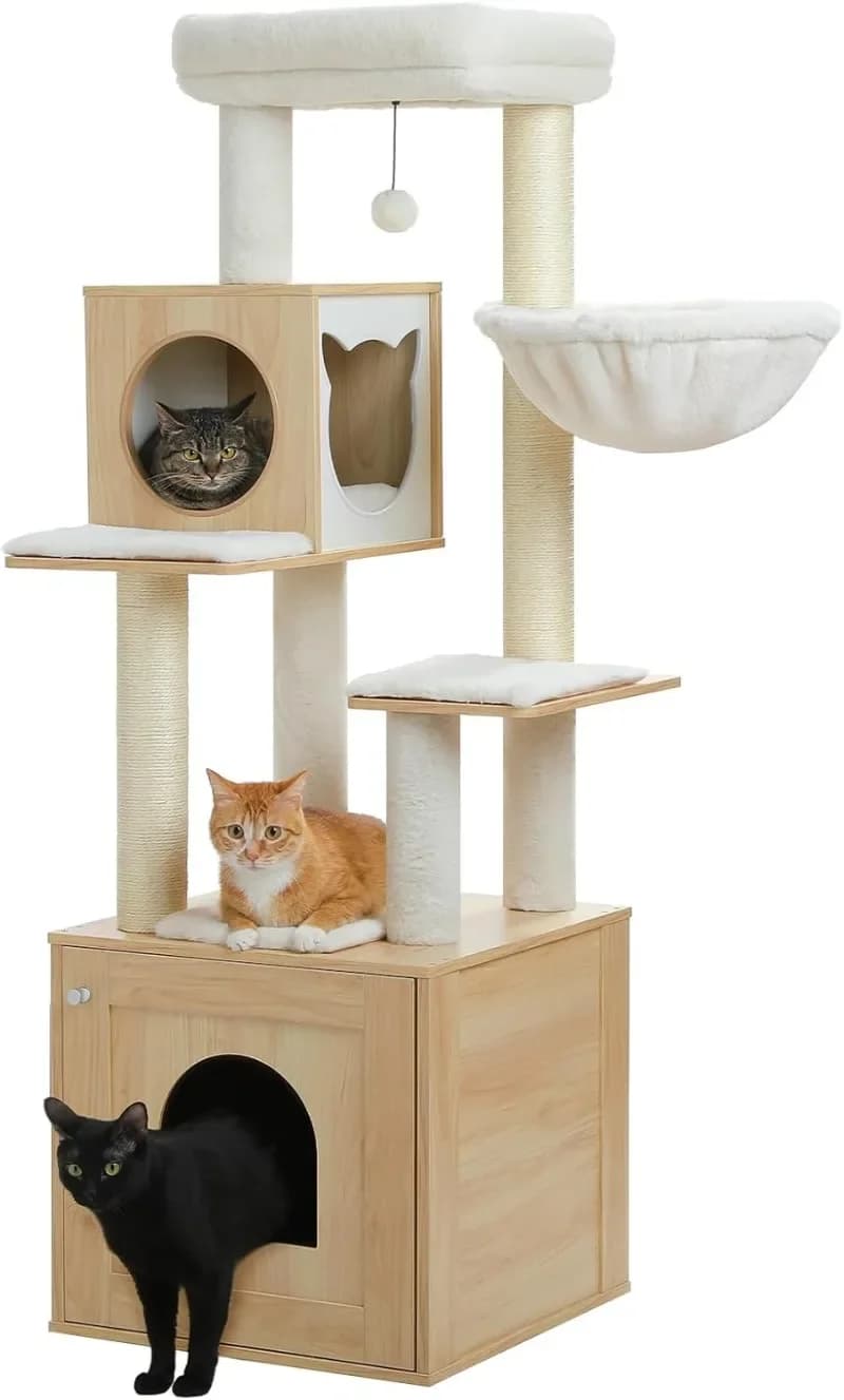 Albero per gatti da 57,5" con contenitore per lettiera - Grande torre per gatti in legno, armadietto portaoggetti, tiragraffi e giocattoli per gatti da interno