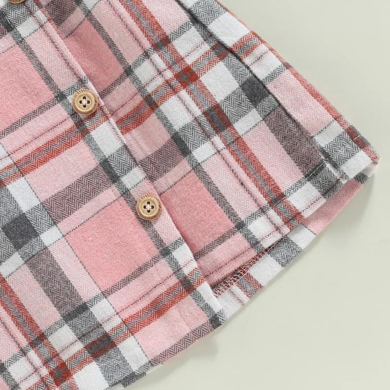 Set di vestiti estivi carini per bambine, top a costine con maniche a volant rosa, gonna a trapezio scozzese floreale, combinata per un look elegante