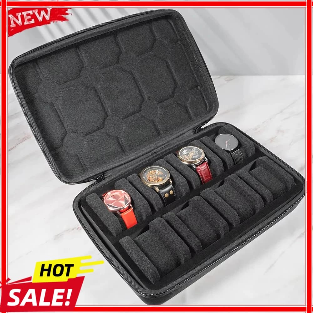 15-Slot Watch Case | Hard Shell Travel Organizer with Pillow Insert - Gift Ready (Black),suitable for smart watch storage