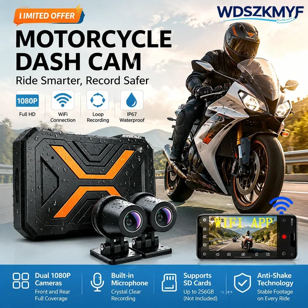 1080P Motorcycle Dash Cam Dual Lens IP67 Waterproof WiFi Connection EIS Anti-Shake Sports Motorbike Driving Video DVR Recorder