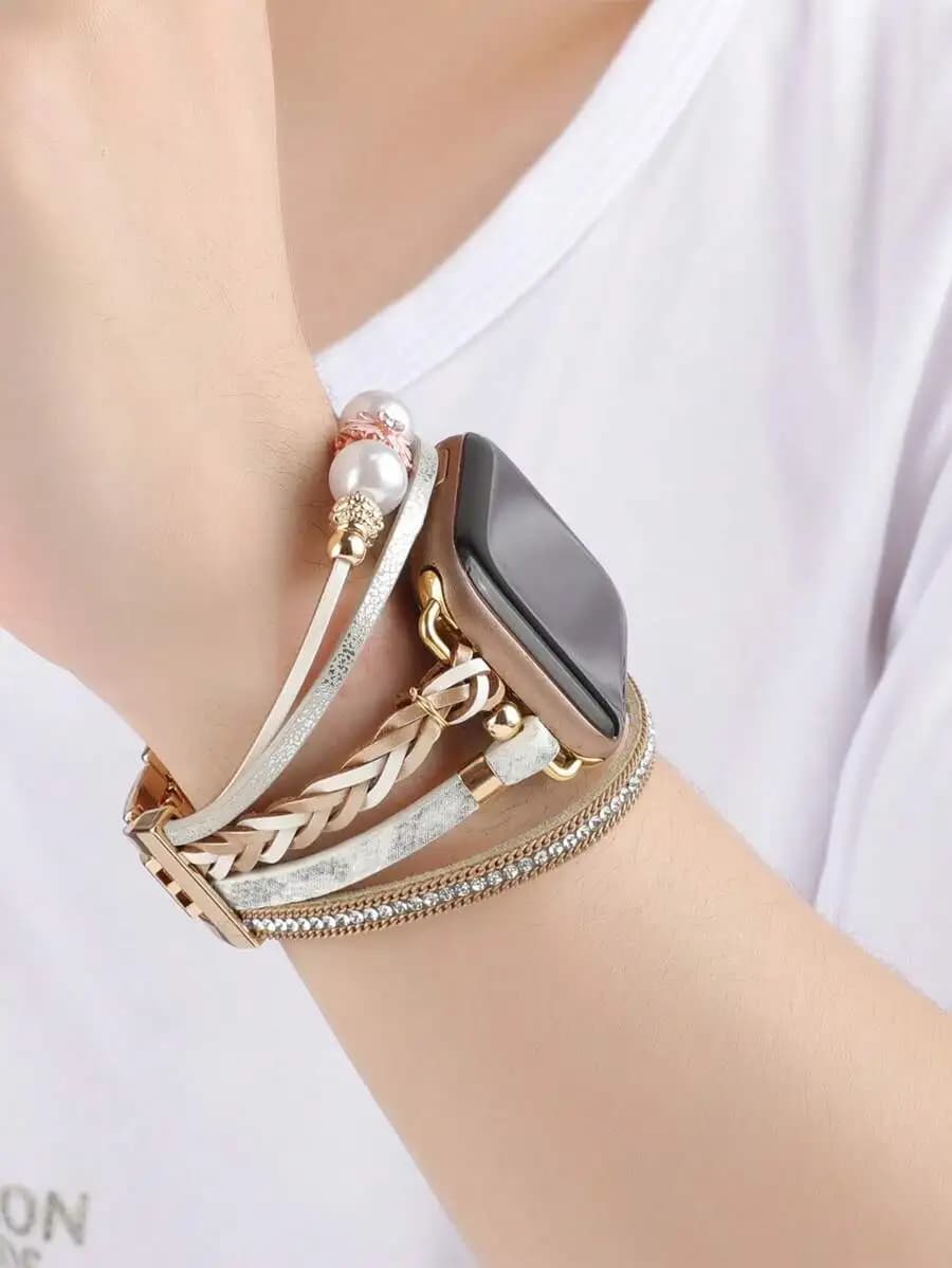 1pc Flower Decor Posh Leather Band Compatible With Apple Watch 41mm 40mm 38mm 45mm 44mm 42mm 49mm Women, Boho Bracelets Jewelry