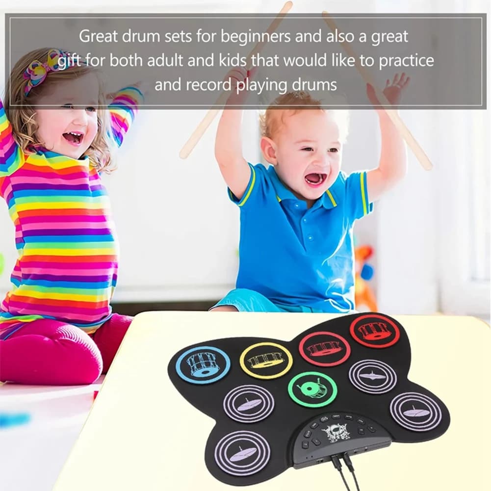 A89E-Set batteria elettrica, batteria elettronica pieghevole in silicone a 9 pad con jack per cuffie, altoparlante incorporato, pedali, bacchette