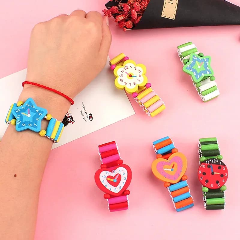 1 simpatici orologi da polso in legno, simpatici cartoni animati, braccialetti artigianali, orologi, giocattoli artigianali per bambini, apprendimento, educazione, bomboniere