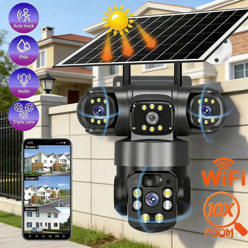 Telecamera di Sicurezza Solare da Esterno con Tripla Lente PTZ, Rilevamento Umanoide, Audio Bidirezionale, WiFi, App V380, Visione Notturna