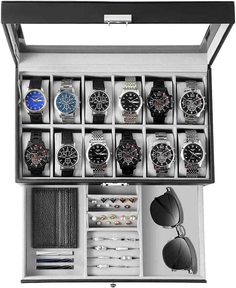 Watch Box Organizer for Men Gift, 12 Slot Watch Case with Glass Lid, 2 Tier Leather Display Storage for Watches and Jewelry