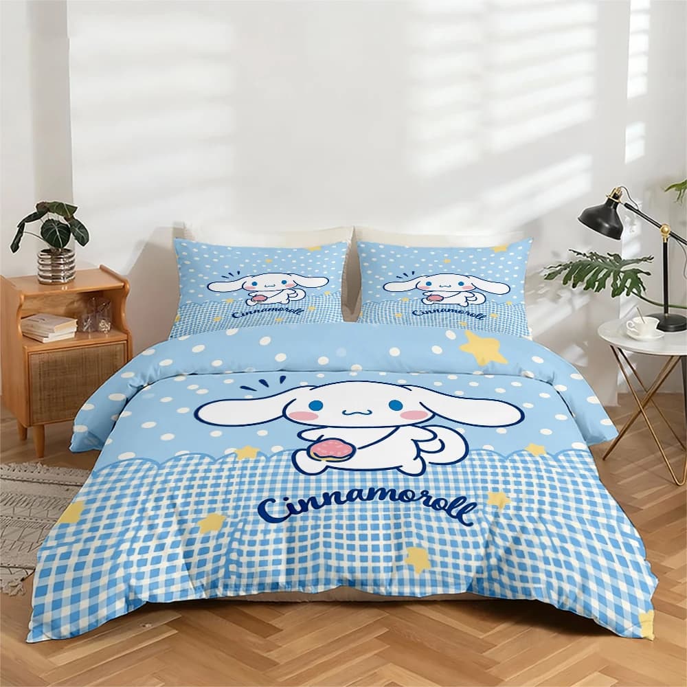 3-Piece High-Definition Digital Print Bedding Set, Large Floral Pattern Duvet Cover Set with Cinnamoroll Design, Includes 1 Duvet Cover + 2 Pillowcases, Suitable for Bedroom, Guest Room, Home Decoration, Polyester Fiber Duvet Cover + Pillowcases, Ultra-Soft Bedding, Thick Fabric, Suitable for All Seasons, Machine Washable
