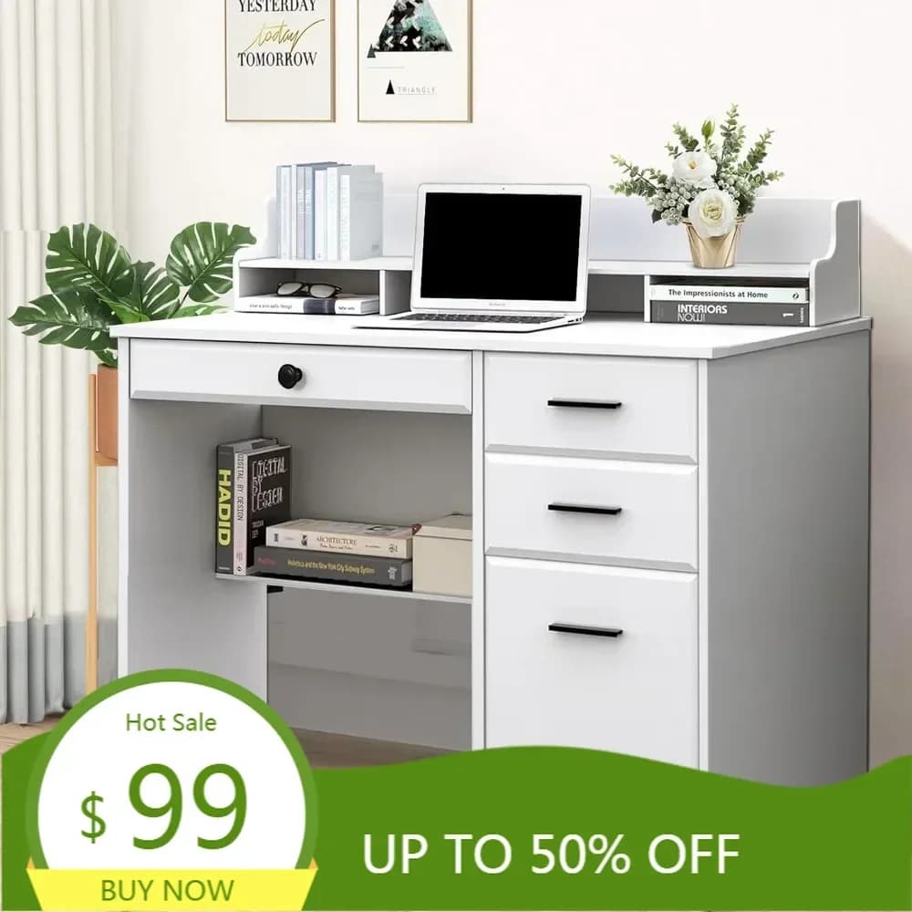 44" compact office desk with storage drawers and support, ideal for small spaces with integrated monitor support