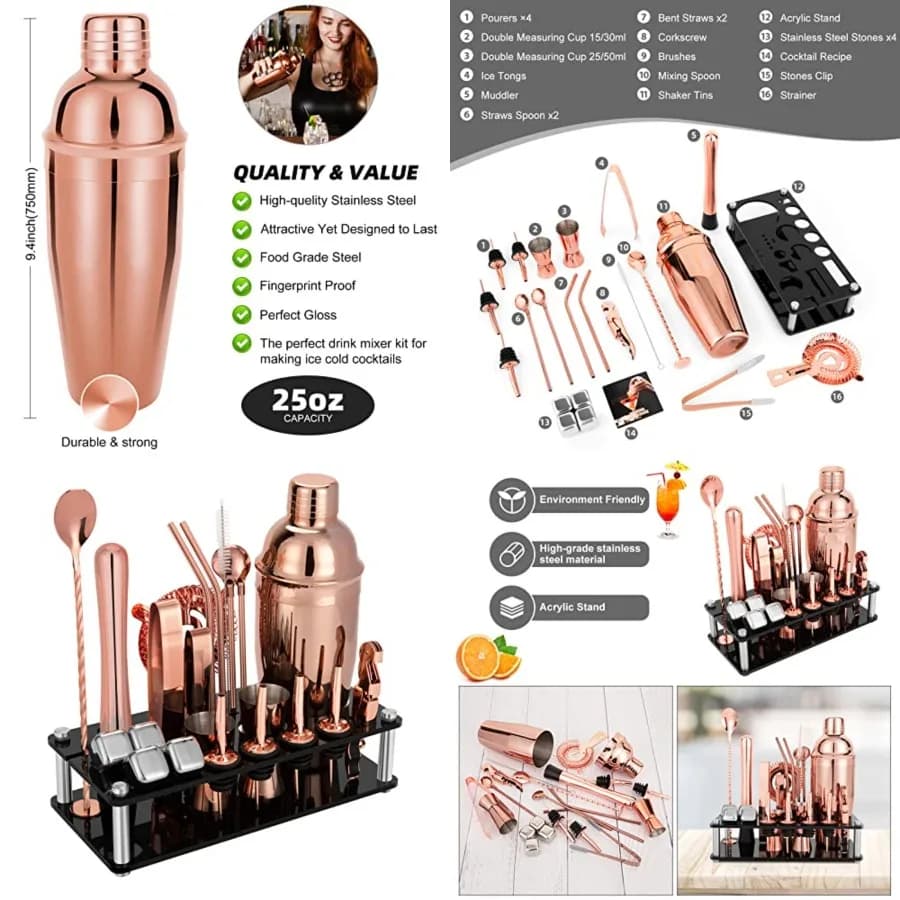 Set da 23 Pezzi per Cocktail con Supporto in Acrilico, Libretto di Ricette, Kit Professionale per Barman e Miscelazione Bevande