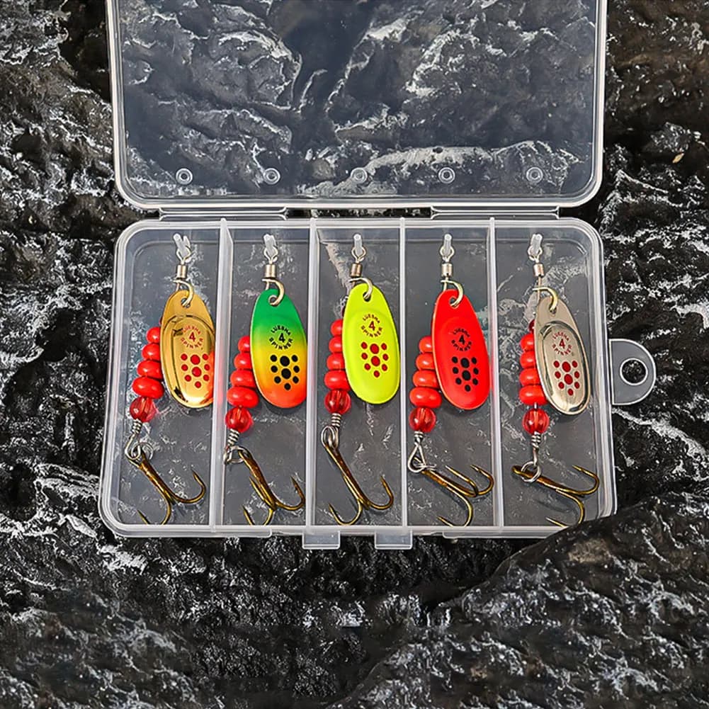 Set di 5 Esche Metalliche Rotanti con Scatola Porta Attrezzi, Esche Artificiali per Pesca di Lucci, Salmoni e Pesci di Mare
