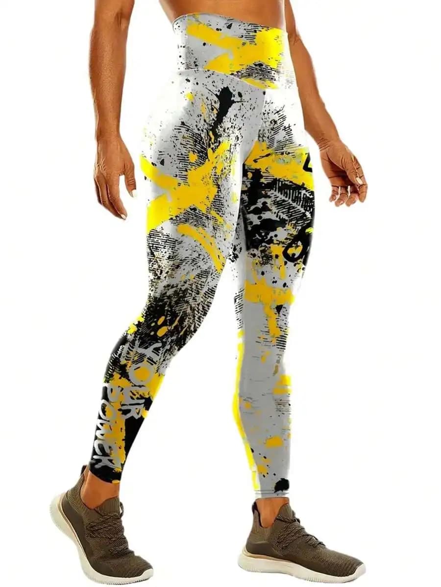 High Waisted Graffiti Splatter Print Stretch Yoga Leggings For Women Workout Fitness