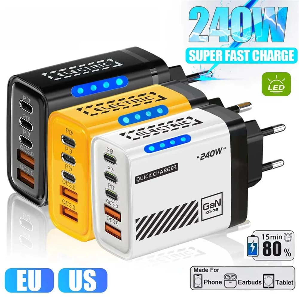 240W 5 Ports GaN USB Charger PD Fast Charging Power Adapter QC3.0 USB Type C Wall Charger EU/US Plug For iPhone Samsung Xiaomi