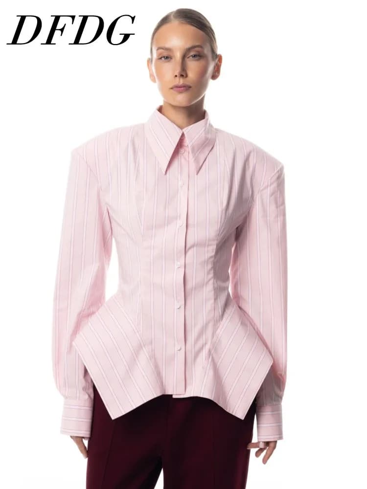 DFDG Women's Spring Summer Lapel Striped Fitted Asymmetrical Hem Shirt Casual Office Date 2026 Trendy Feminine Fashion Shirt