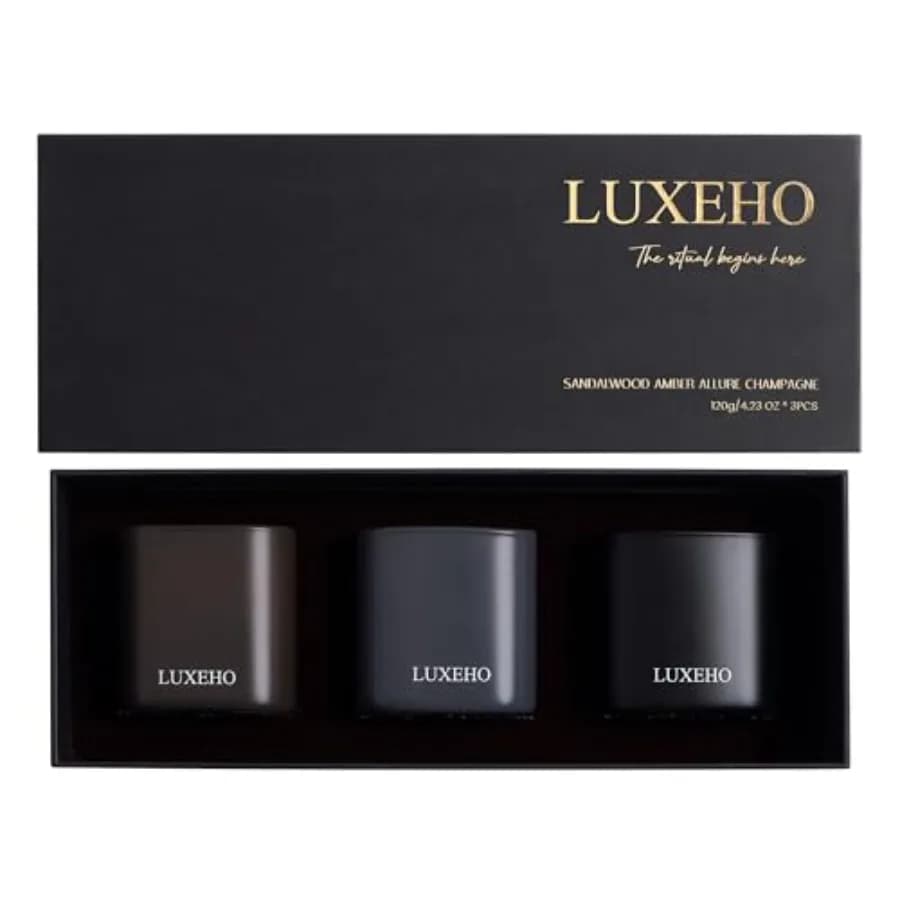 Set di Candele Profumate di Lusso 3 Pezzi, Decorazione per la Casa e Candele in Soia da Regalare, Profumi Champagne, Sandalo e Ambra, 75 Ore di Durata, Stoppino in Cotone