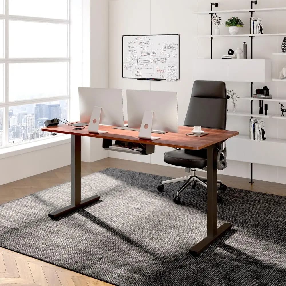 EN2 Scrivania Regolabile in Altezza con Presa Elettrica a Morsetto, 60 x 24, Scrivania Elettrica con Gestione Cavi, Nera