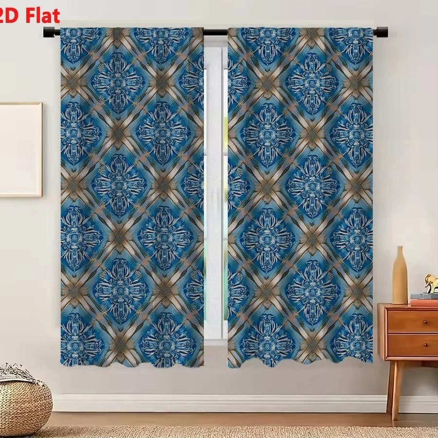 2Pcs Curtains 2D Flat Seamless Symmetrical Blue And White Floral Tile Pattern With Distressed Texture And Vintage Aesthetic Wind