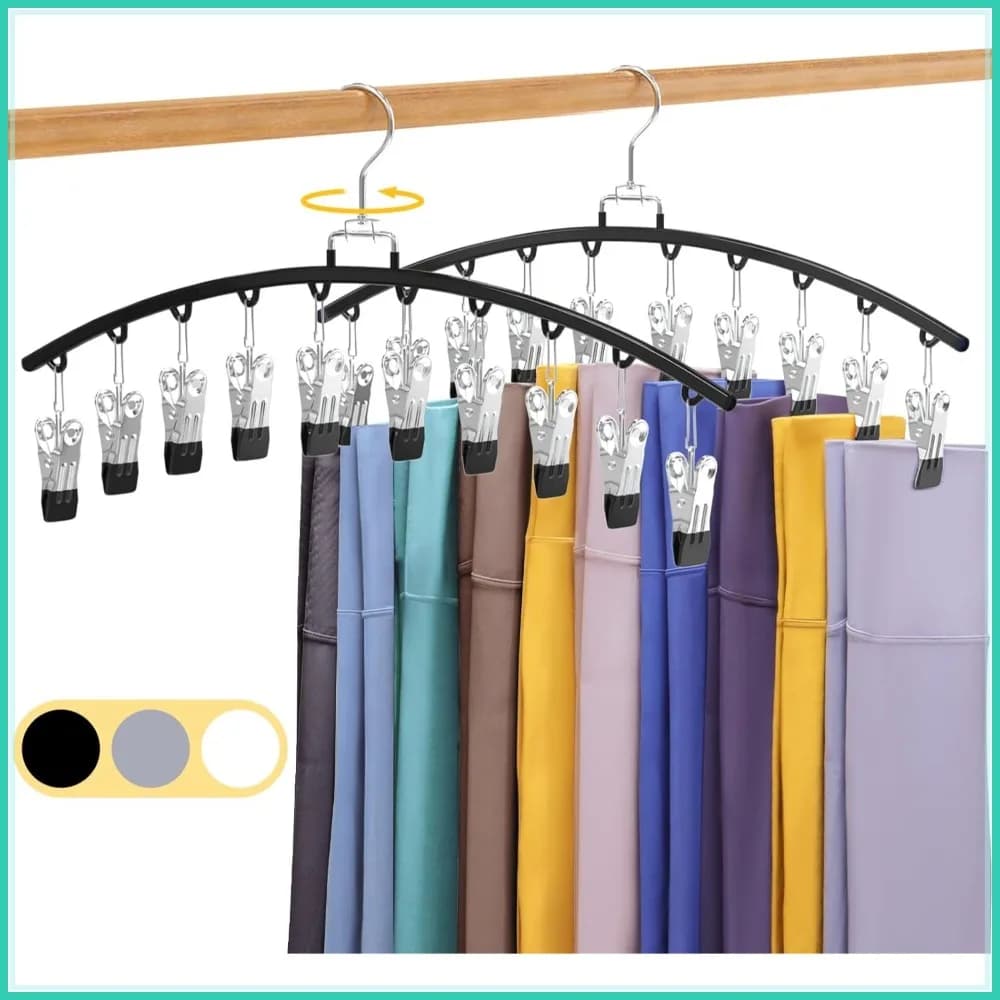 Organizzatore per Leggings 360, Confezione da 2 ° Appendiabiti Girevole in Metallo con 20 Clip, Salvaspazio per Armadio, Nero