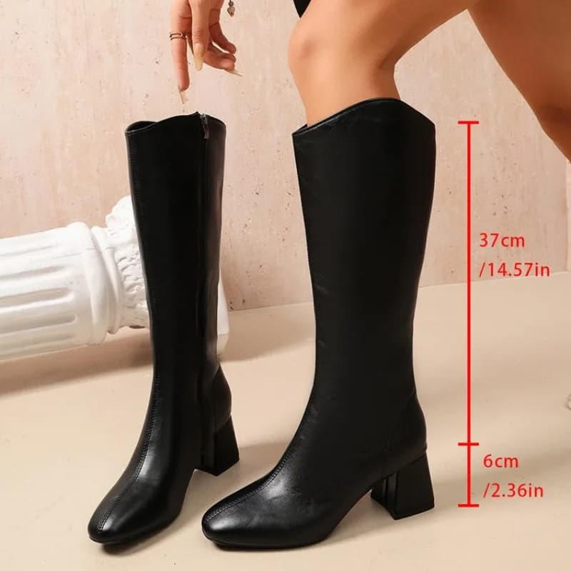 Women Side Zipper High Thick Heel Long Boots Fashion Mid-calf Boots for Office Nightclub Party Wedding Banquet Host Model Show