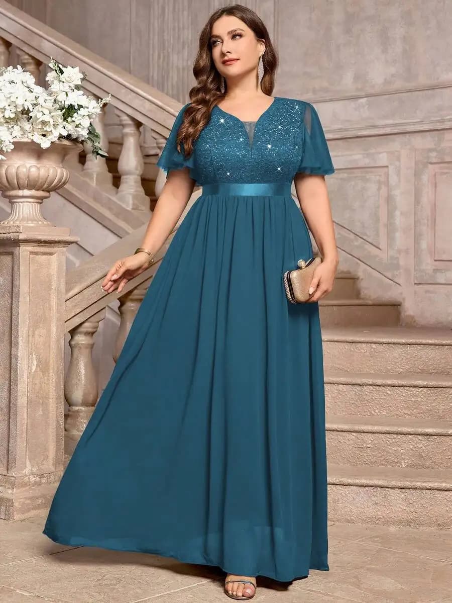 Abito Lungo Formale da Festa in Chiffon con Paillettes e Pizzo, Scollo a V Profondo, Taglie Forti