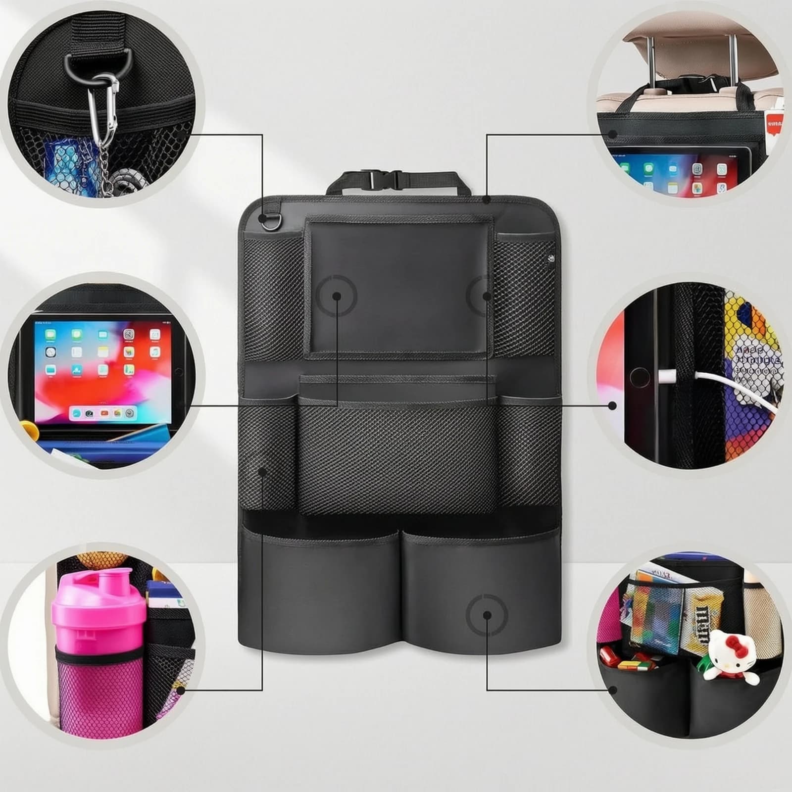 Backseat Organizer with Tablet Holder Adjustable Back Seat Organizer with Tablet Holder Long-Lasting Tear-Resistant for Families