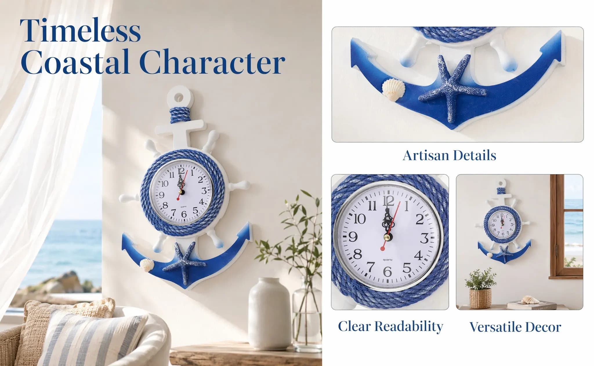 Mediterranean Style Wooden Plastic Boat Anchor Decorative Hanging Wall Clock Clear Mirror Surface Home Ornament