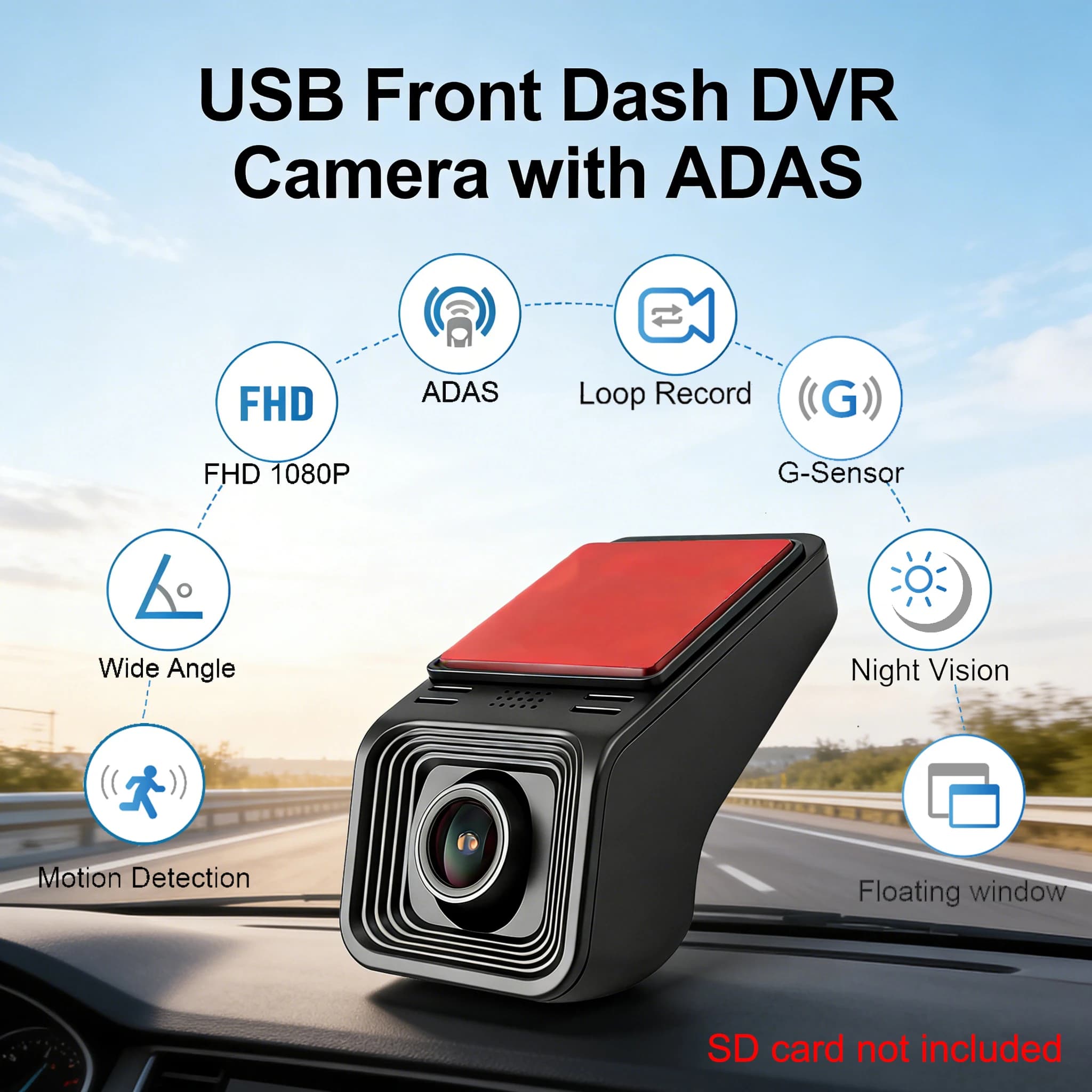 Telecamera Anteriore USB Universale per Auto, DVR per Stereo Android 1080P HD con ADAS, Visione Notturna, Registrazione in Loop, Plug and Play