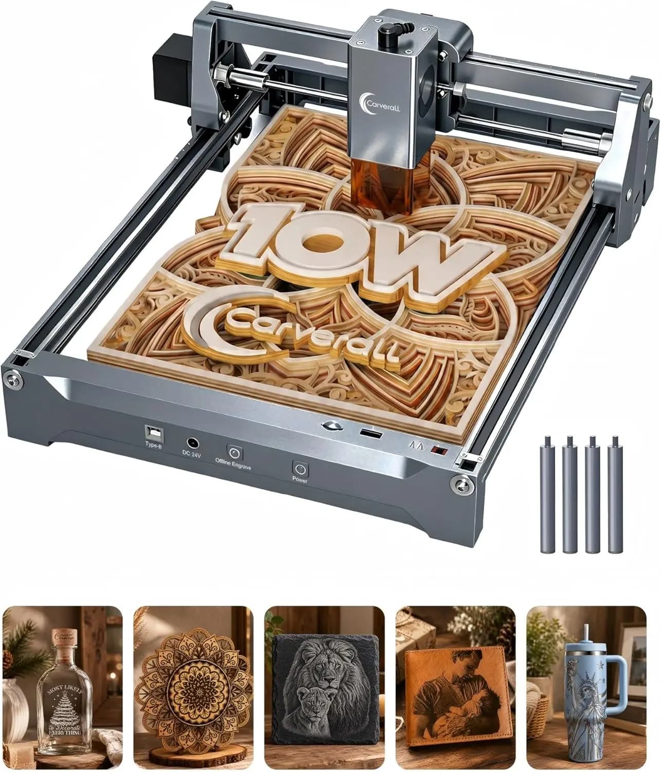 10W Laser Engraver for Wood, Acrylic, Coated Metal, A4 Work Area, Offline Engraving CNC