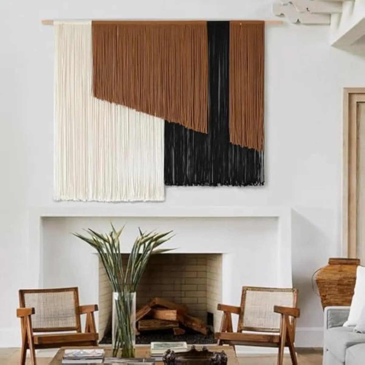 Macrame Wall Art Handcrafted Fiber Tapestry in Earthy Brown White Black Gradient Tone Bohemian Decor for Living Room Bedroom Hea