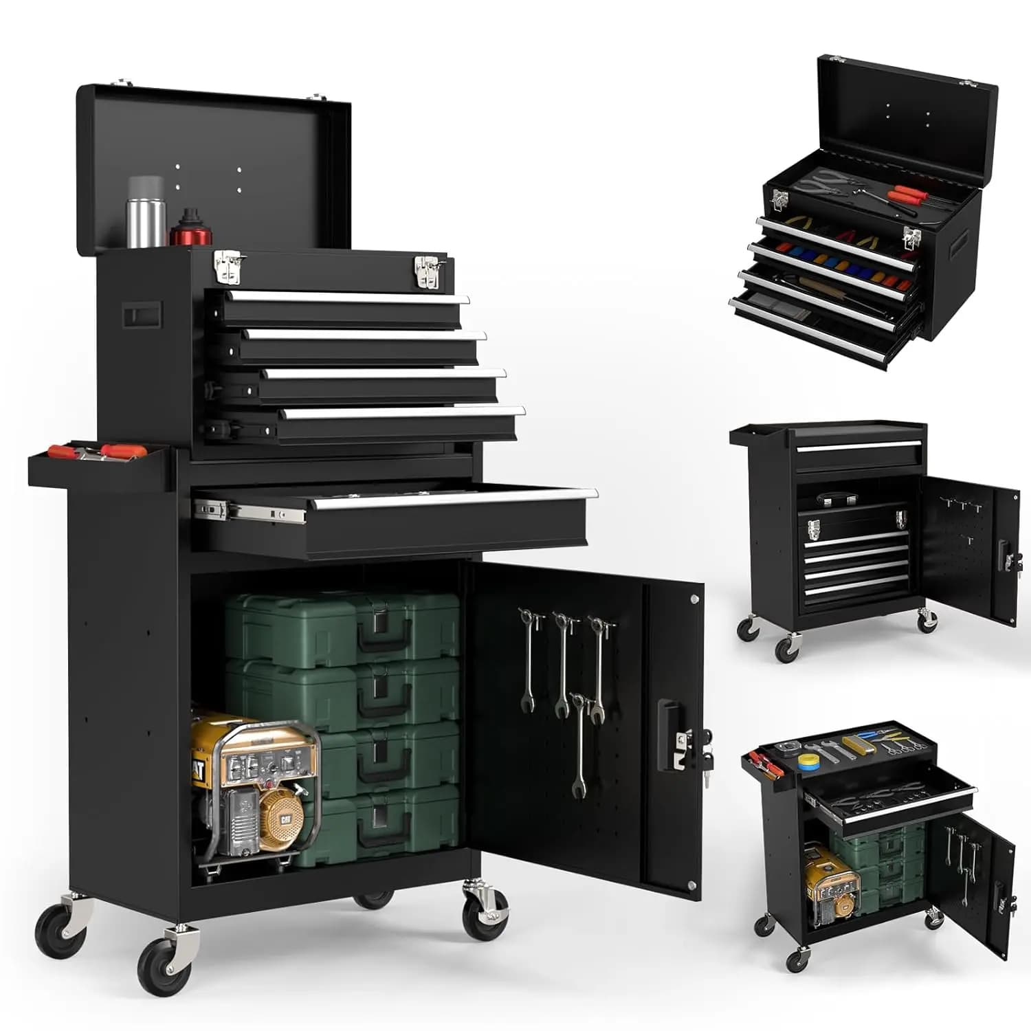 5 Drawers Black Tool Box, 2-in-1 Mobile Tools Box for Mechanics, Removable and Lockable Tool Box, Metal, Customizable