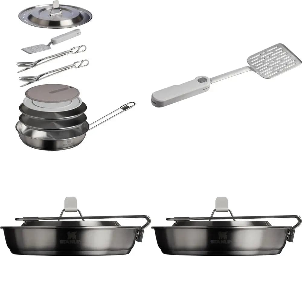 Set di Pentole e Padelle in Acciaio Inossidabile da 15 Pezzi | Padella da 8,75 Pollici con Manico Pieghevole | Piatti e Utensili | Essenziale per la cucina da campeggio