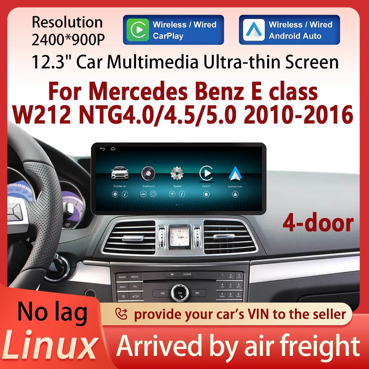 2400*900P For Mercedes Benz E class W212 NTG4.0 4.5 5.0 2010-2016 Wireless CarPlay Android Auto Car Multimedia Player Screen