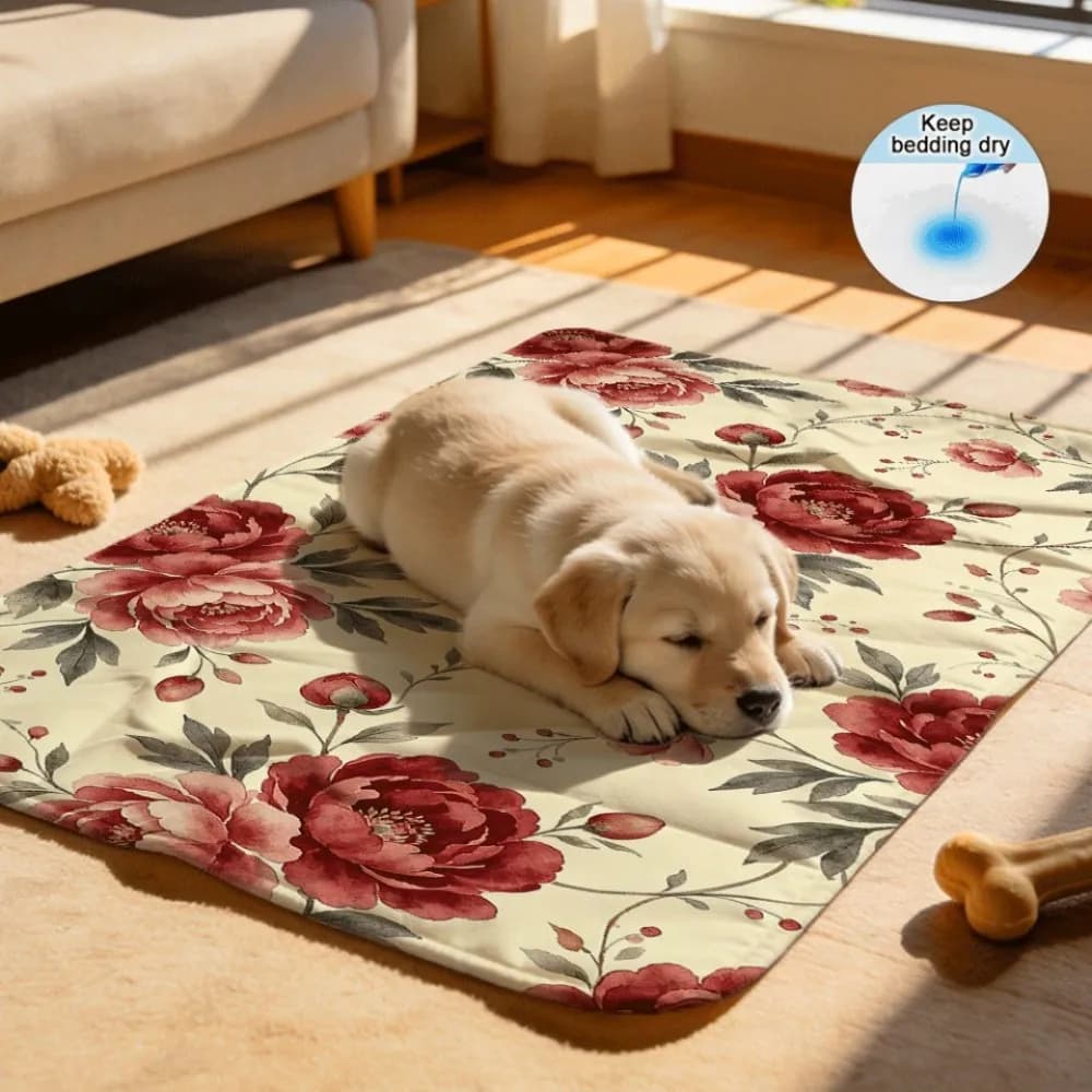 Elegant red peony floral pattern Washable Reusable Dog Underpads Anti-Scratch Durable for Adult Dogs and Puppies