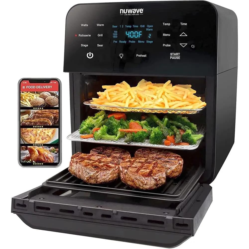 Forno Friggitrice ad Aria Extra-Large da 15.5Qt con Girarrosto in Acciaio Inossidabile, Kit Spiedini, Griglia/Piastra Antiaderente, Potenza 1800W, Smart Therm