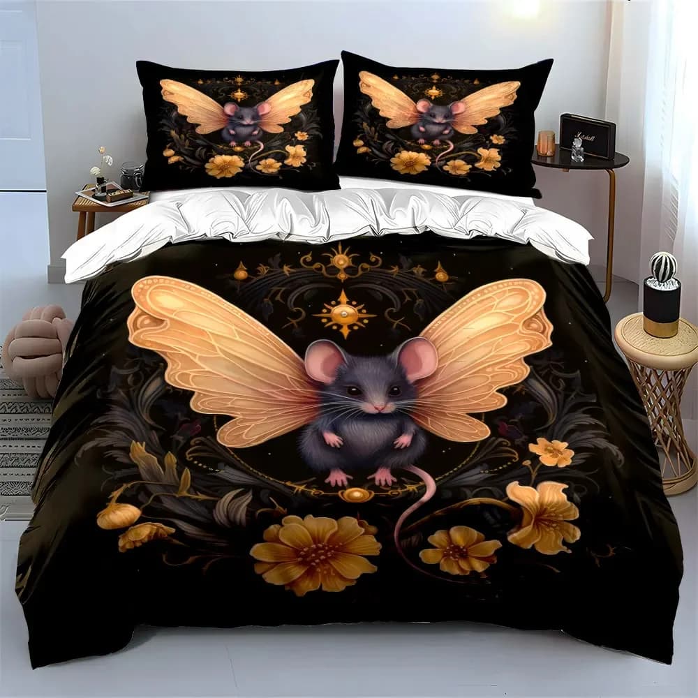 Set di biancheria da letto Mouse Fairy Art Decor con 1 copripiumino e 2 federe, singolo, matrimoniale, king, queen, regalo