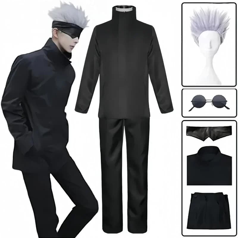 Costume Cosplay Anime Jujutsu Satoru Gojo con Benda per Occhi, Parrucche e Occhiali Gratuiti per Feste di Halloween, Uomo e Donna