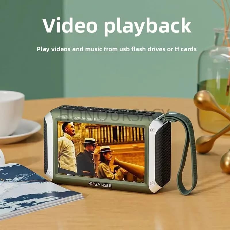 Portable SANSUI Video Bluetooth Speaker HD Screen Stereo Sound FM Radio Recorder Music Player with Carry Strap for Elderly