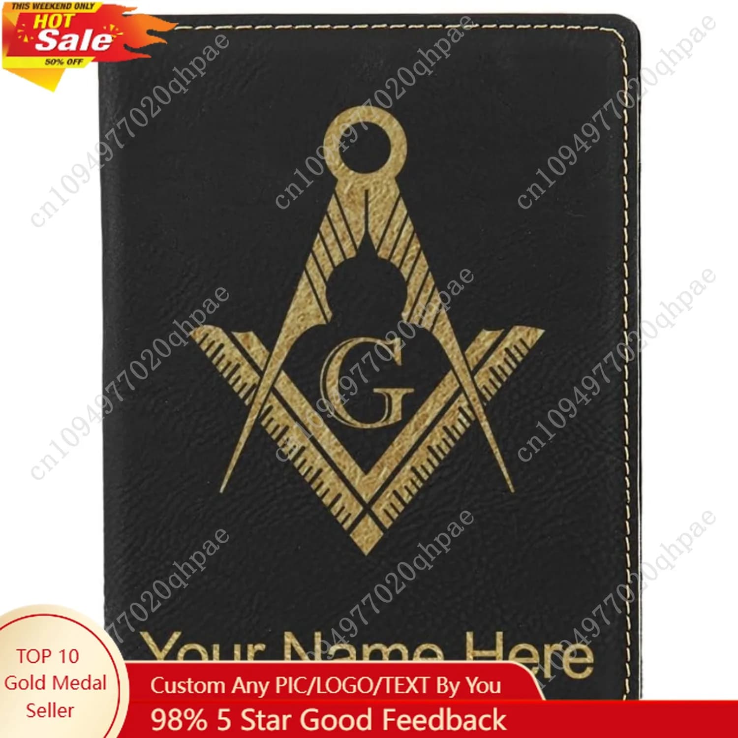 Porta passaporto in ecopelle LaserGram, simbolo massone, incisione personalizzata inclusa (nero con oro)