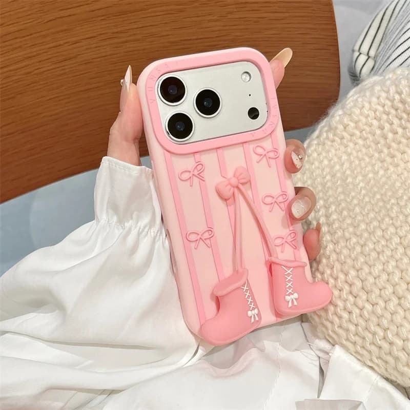 Silicone soft case with Christmas bow for iPhone 17promax 16 15 14Plus 12 13 Pro Max 3D Snow Boots Pink Models Nice Pendant Girl