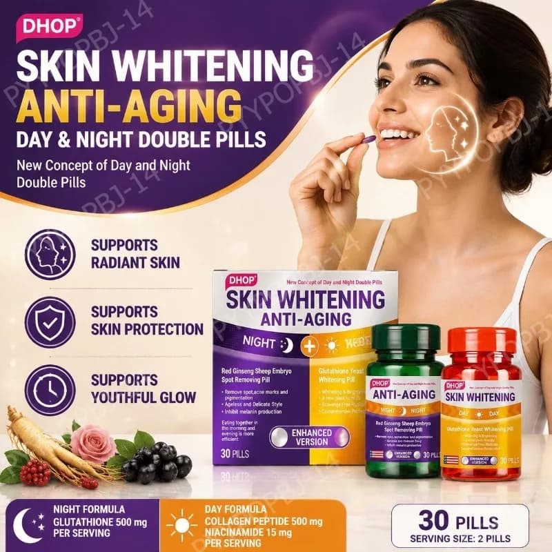 Skin Whitening Anti-Aging Day & Night Softgels with Glutathione Collagen Peptide Niacinamide Folic Acid PQQ -15 Servings