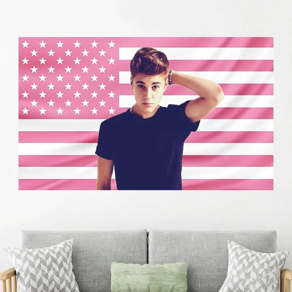 J-Justin B-Bieber Pink American Flag Tapestry Teen Dorm Bedroom Background Decor Hip Hop Music Fan Merch Gift Wall Art Poster