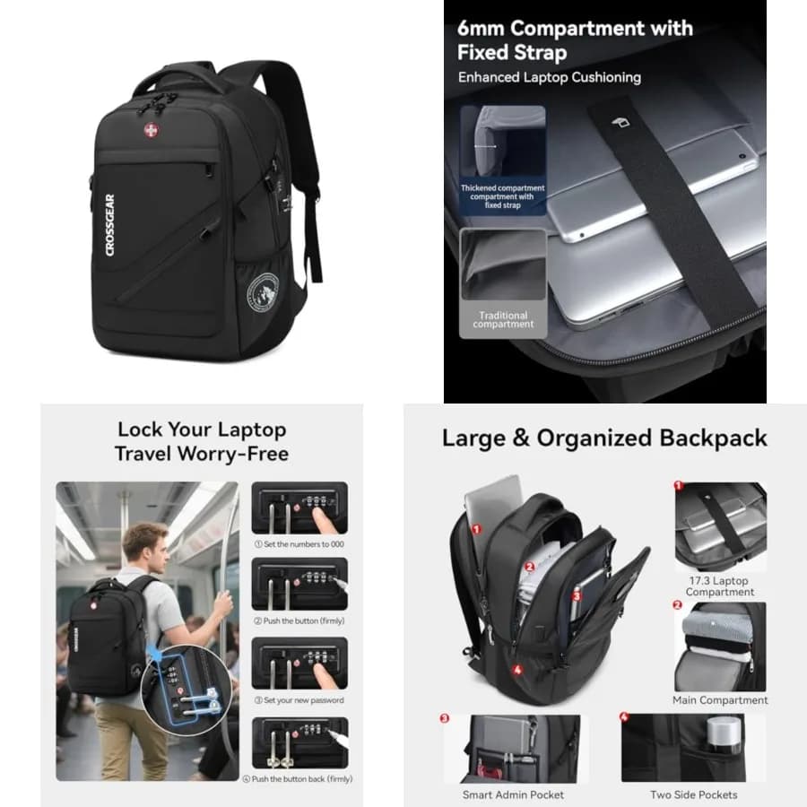 Zaino per laptop da 17,3'' per uomo e donna con blocco antifurto, zaino da viaggio con porta USB-A e USB-C, resistente all'acqua