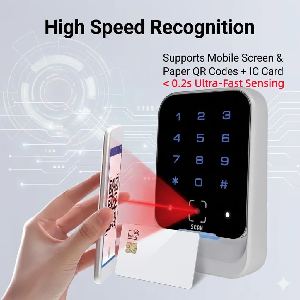 Lettore di Codici QR Dinamici, RFID, NFC, Schede IC con Wiegand 26/34, RS485, Tastiera Impermeabile e Password per Gestione Visitatori in Hotel