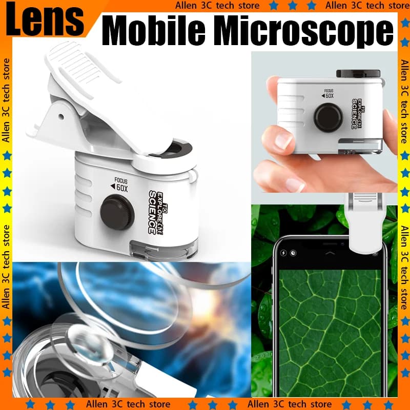 Lente per mini microscopio ottico per telefono per iPhone Samsung Xiaomi Huawei Lente portatile con luce di riempimento per clip per telefono per microfotografia