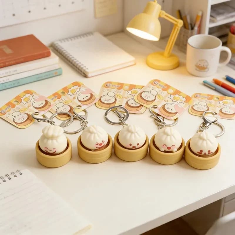 Adorabile Portachiavi Mini Raviolo Antistress, Giocattolo da Spremere a Forma di Xiao Long Bao, Ciondolo Alimento Simulato, Regalo Portachiavi Decompressione