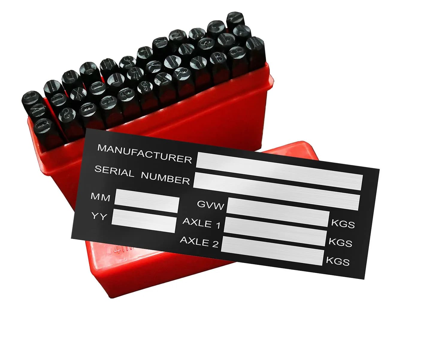Set of punches for numbers and letters for identification plates, empty data tag for VIN and weight