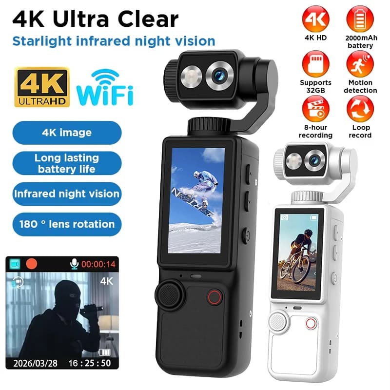 Camera WiFi Ultra HD 4K, Digital Camera Mini Portable for Forces of the Order, Recorder 180° ° External Sports Camera with Rotating lens