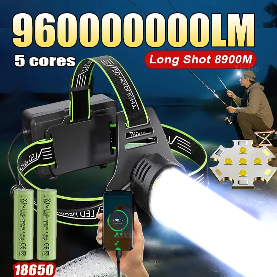 960000000LM Faro a LED a luce forte Potente lampada frontale ricaricabile 18650 8900M Lanterna da caccia per pesca a lungo raggio