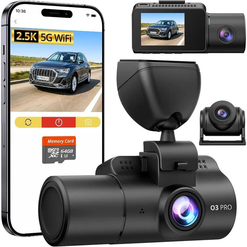 Dash Cam 5G 3-channel WiFi with 64 GB card, Dashcam front and rear 2.5 K/1080P, Dash ca 3-way 2.5 K/1080P