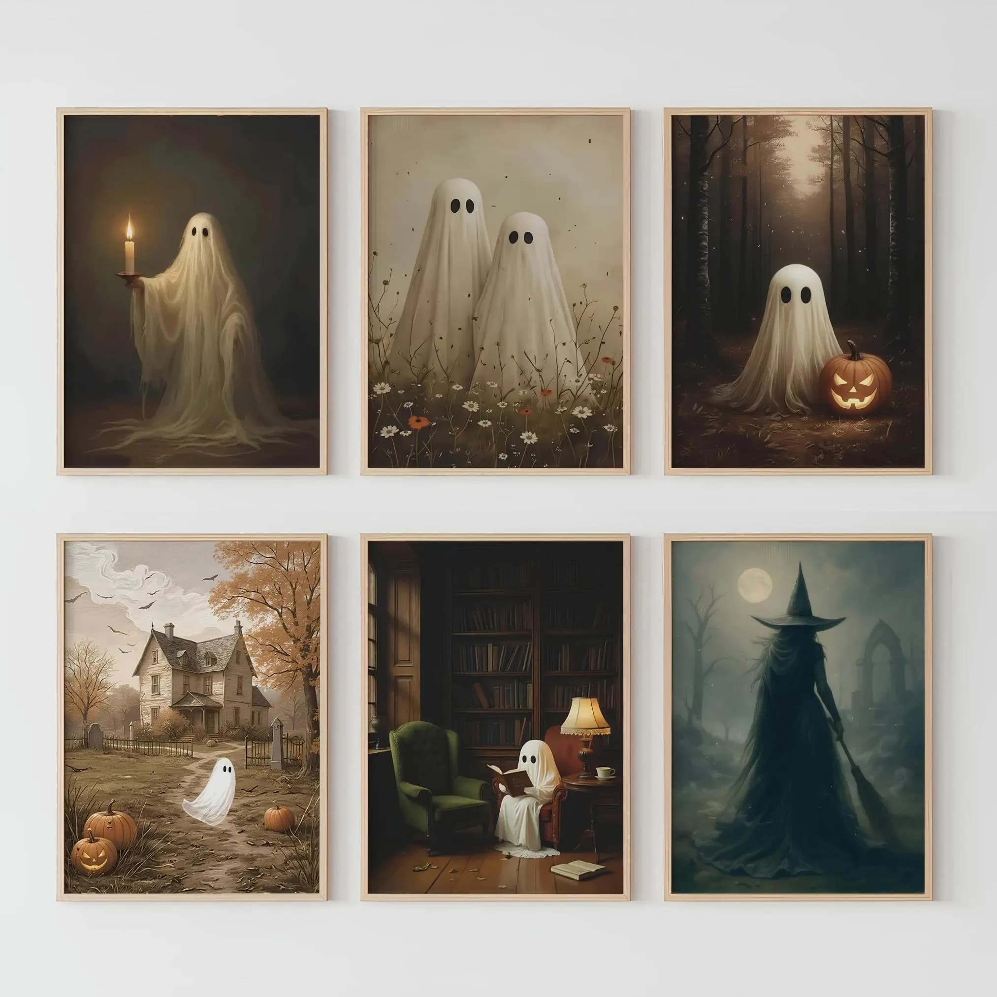 Stampa su tela senza cornice (1 pezzo) con simpatico fantasma che tiene una candela, poster artistico da parete con paesaggio autunnale e strega di Halloween per soggiorno moderno