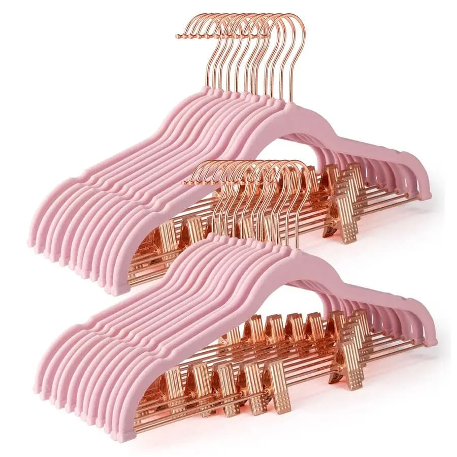 Velvet hanger for skirts, Pack of 24, Anti-slip with Pink Gold Clip, Ultra Subtile Space Saving, Heavy Duty Clothes
