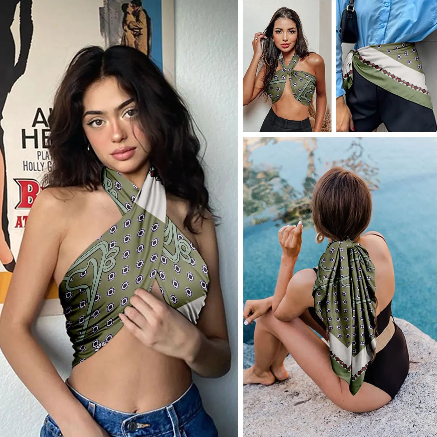 0293 women's floral satin square scarf - soft silk-like texture, versatile headscarf, neckerchief, and head wrap